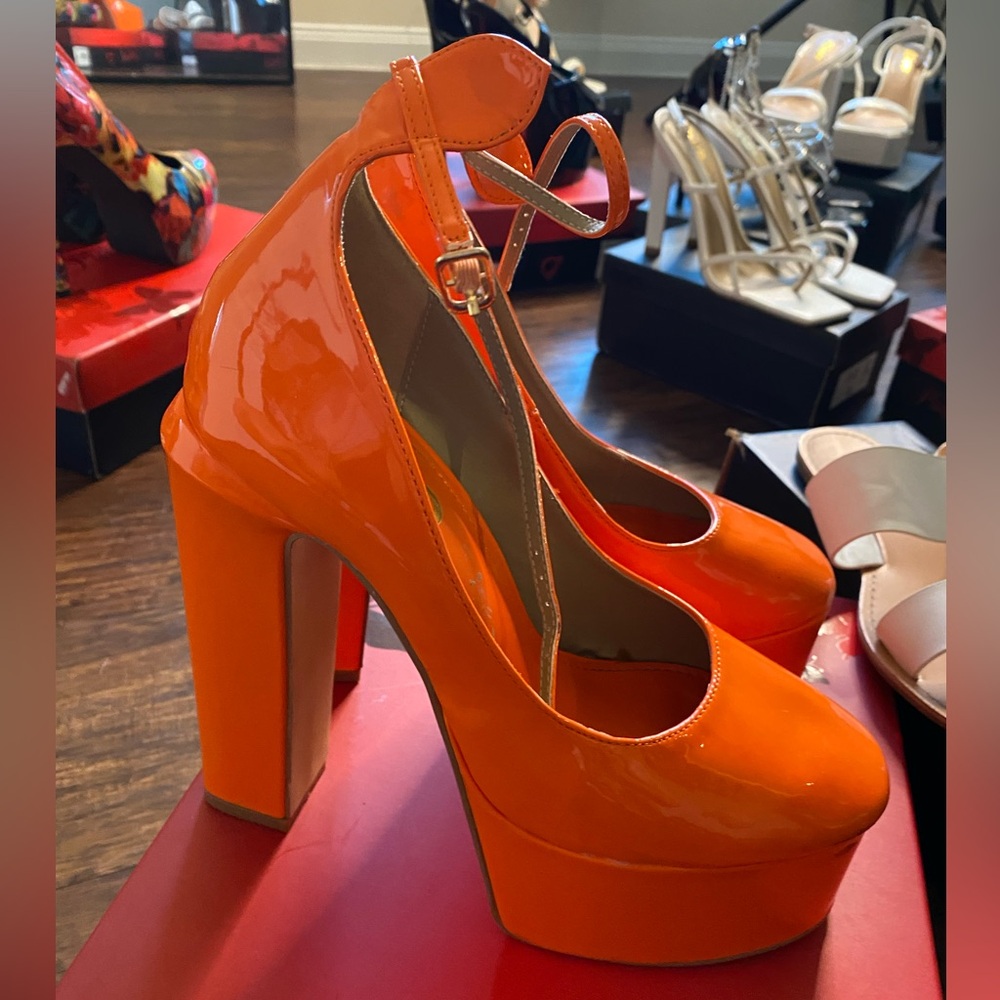 EGO Patent Platform Ankle-Strap Pumps in Bright Orange
